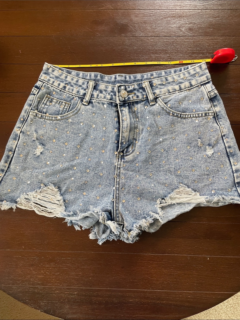 Rhinestone Studded Medium Light Blue Denim High-Waist Women's Shorts 2” inseam